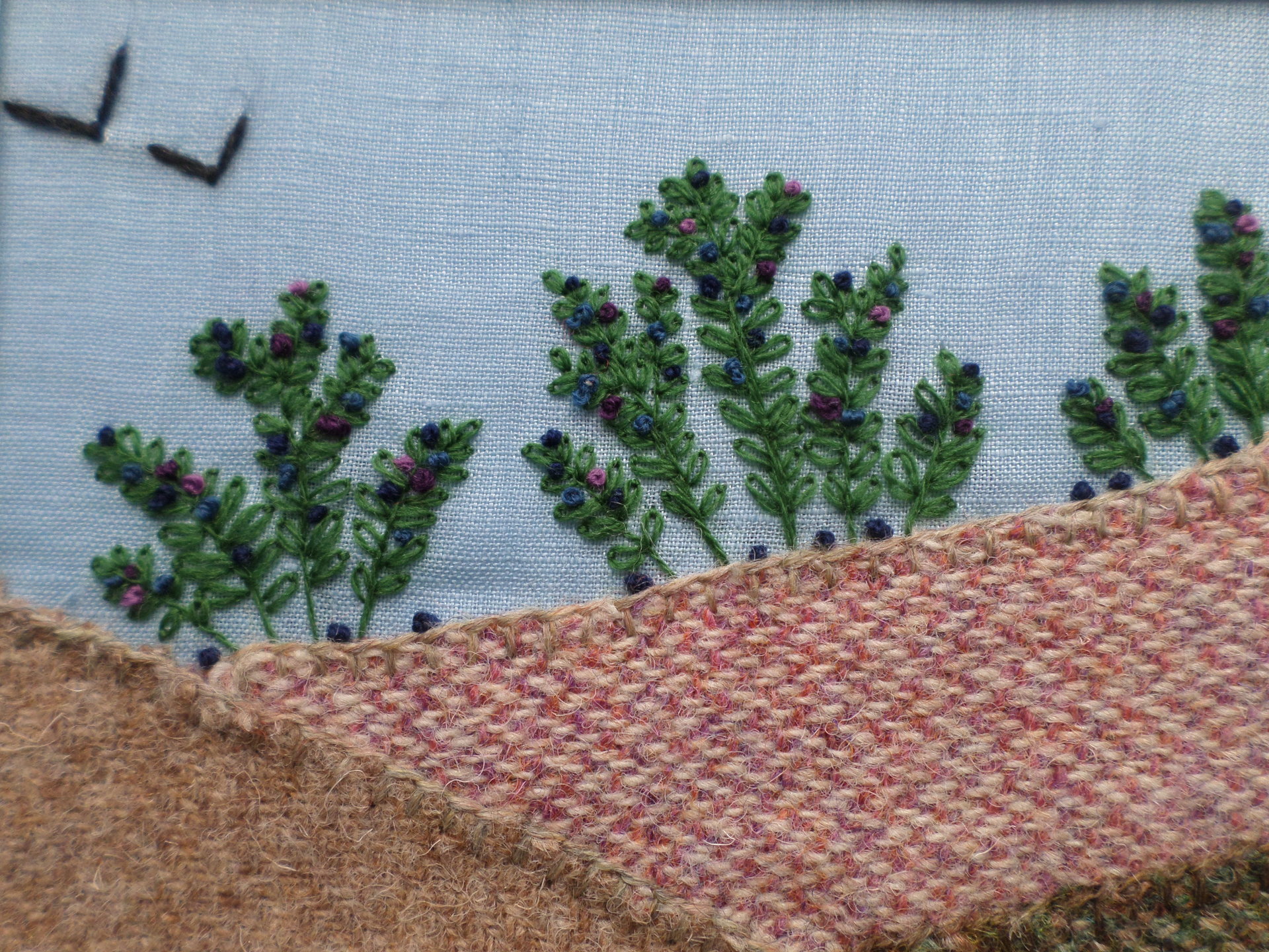 Wild Maine Blueberry Barren 11" x 13" Hand-Embroidered Crewel Wall Art