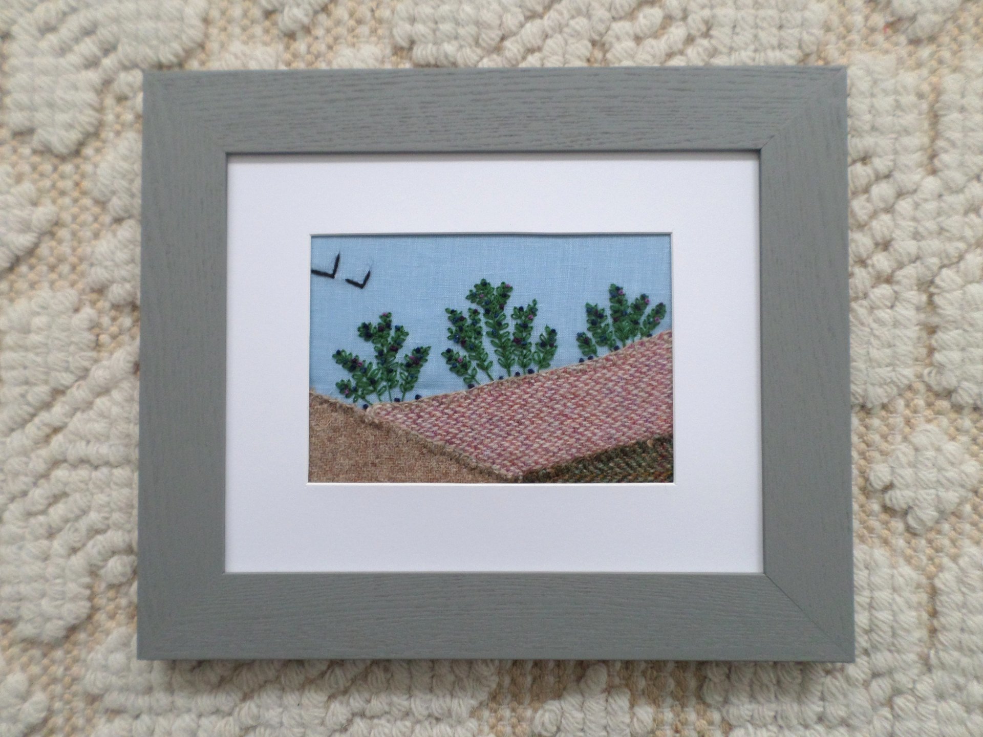 Wild Maine Blueberry Barren 11" x 13" Hand-Embroidered Crewel Wall Art
