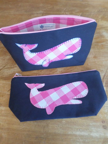 Pink Gingham Whale Hand Embroidered Zipper Clutch Bag