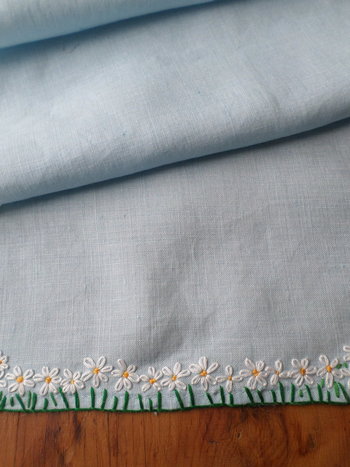 Hand Embroidered Blue Linen Table Runner, Daisies