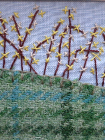 Forsythia Downeast Spring 5 x 7 Hand Embroidered Crewel Wall Art