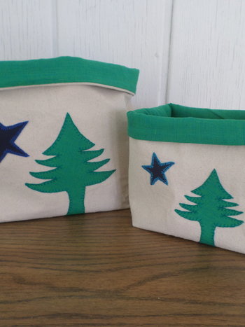 Maine Flag Hand Embroidered Canvas Fabric Basket