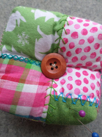 Patchwork Pincushion, Hand Embroidered Crazy Quilt Design in Pinks and Greens