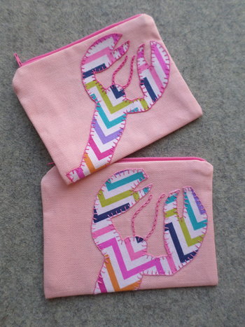 Maine Lobster Zip Bag, Hand Embroidered Pink Coin Purse with Rainbow Chevron Design
