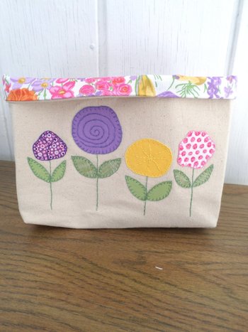 Spring Flowers Hand Embroidered Canvas Fabric Basket
