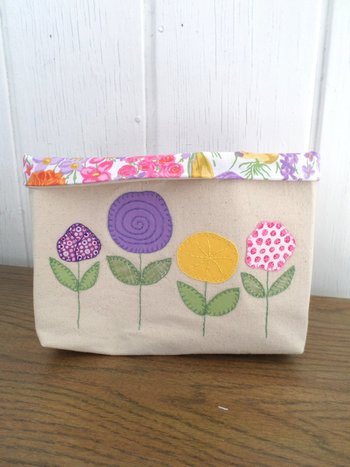Spring Flowers Hand Embroidered Canvas Fabric Basket