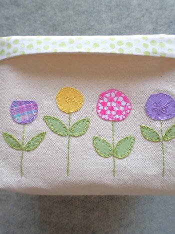 Spring Flowers Hand Embroidered Canvas Fabric Basket