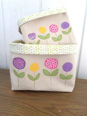 Spring Flowers Hand Embroidered Canvas Fabric Basket