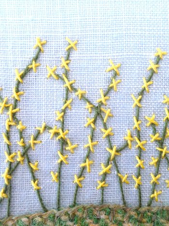Forsythia Downeast Spring 5" x 7" Hand Embroidered Crewel Wall Art