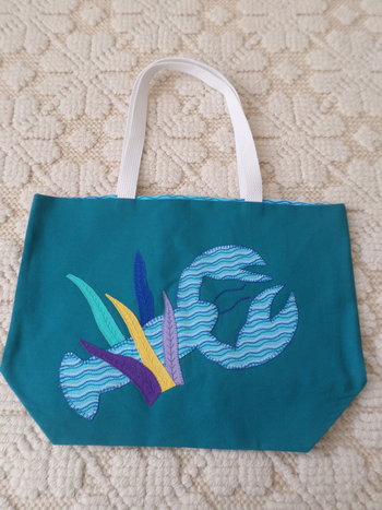 Maine Lobster & Seaweed Hand Embroidered Canvas Tote Bag - MEDIUM