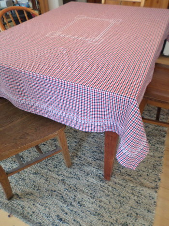 Hand Embroidered Gingham Tablecloth, Cross Stitch Chicken Scratch