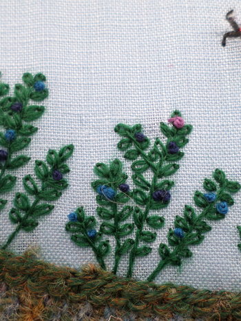 Wild Maine Blueberry Barren 7" x 9" Hand-Embroidered Crewel Wall Art